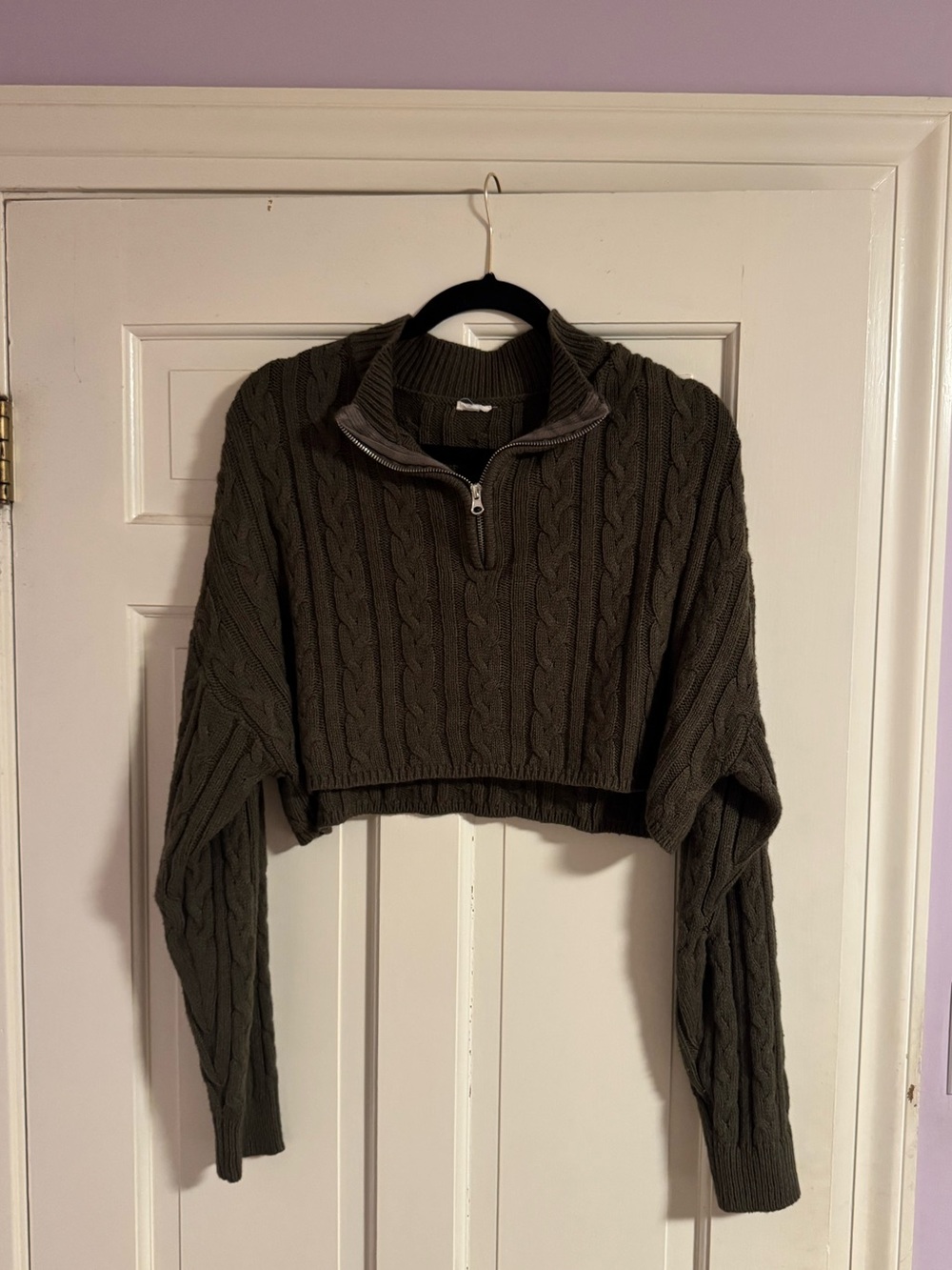 Garage Olive Cropped Cable-Knit Half-Zip Sweater